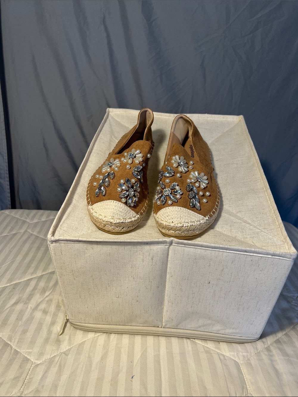 SHEIN Tan Floral Crystal Suede Slip-Ons